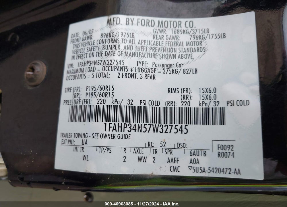 2007 FORD FOCUS S/SE/SES VIN: 1FAHP34N57W327545