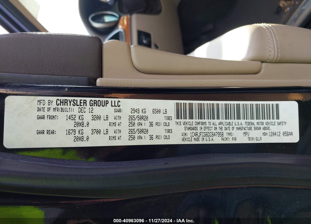 2013 JEEP GRAND CHEROKEE OVERLAND VIN: 1C4RJFCG6DC647958