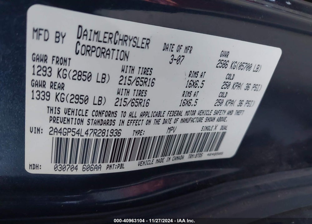 2007 CHRYSLER TOWN & COUNTRY TOURING VIN: 2A4GP54L47R281936