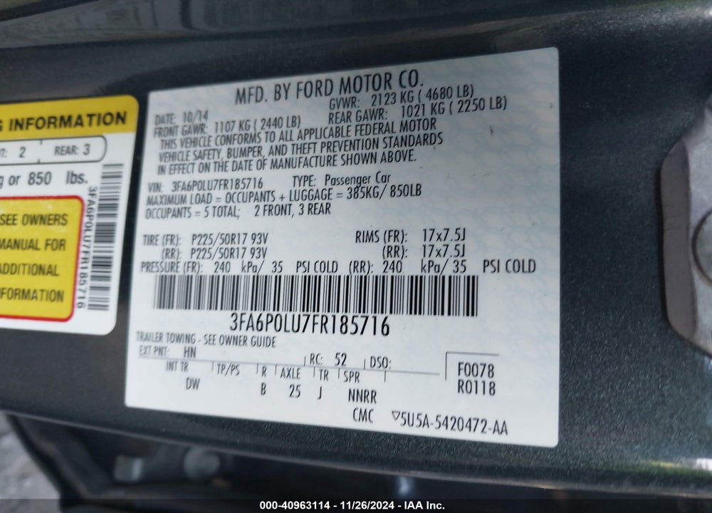 2015 FORD FUSION HYBRID SE VIN: 3FA6P0LU7FR185716