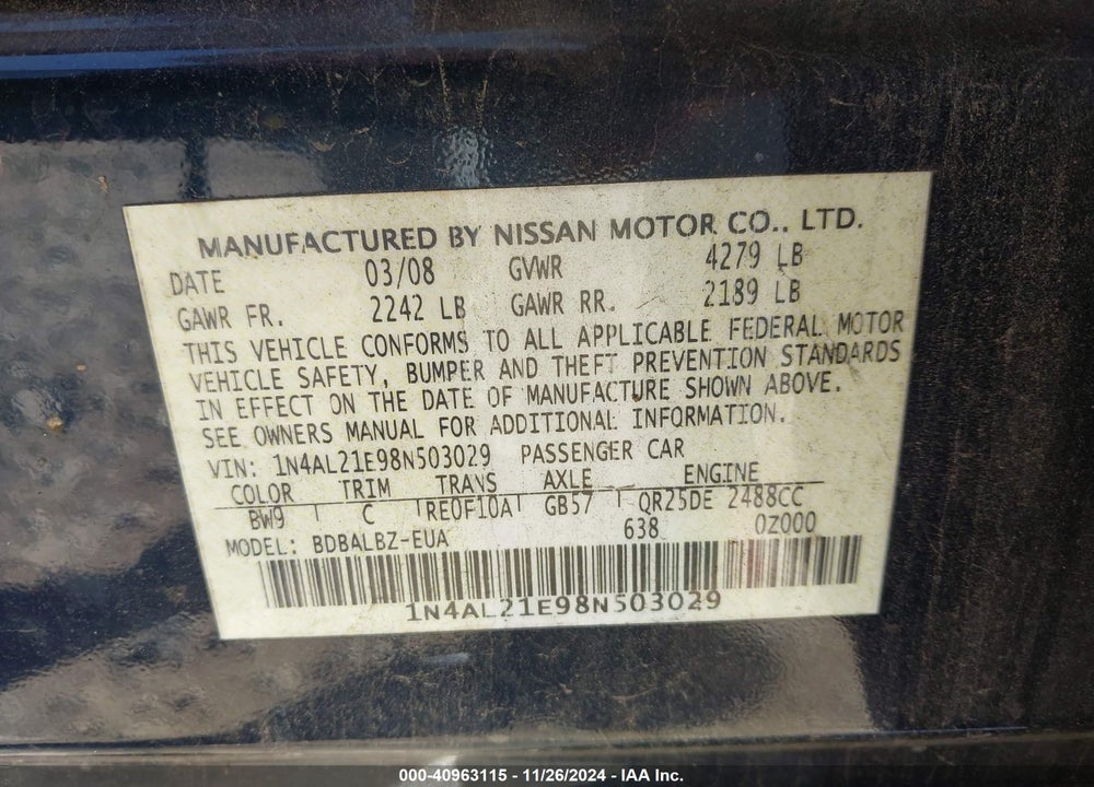 2008 NISSAN ALTIMA 2.5 S VIN: 1N4AL21E98N503029
