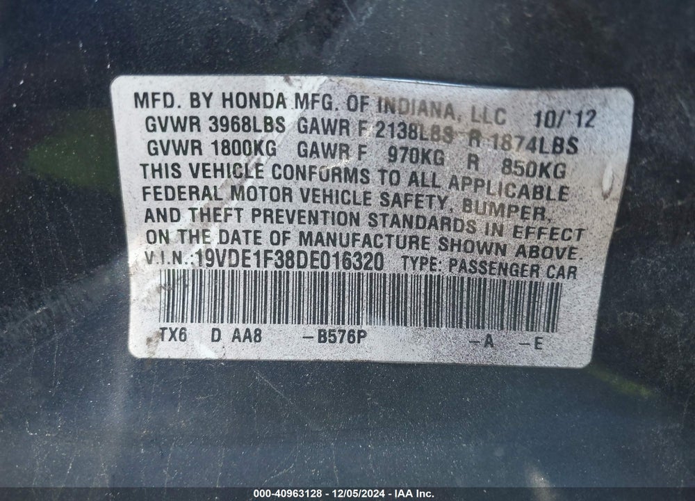 2013 ACURA ILX 2.0L VIN: 19VDE1F38DE016320