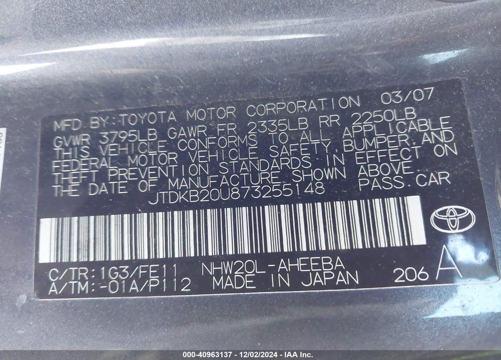 2007 TOYOTA PRIUS VIN: JTDKB20U873255148