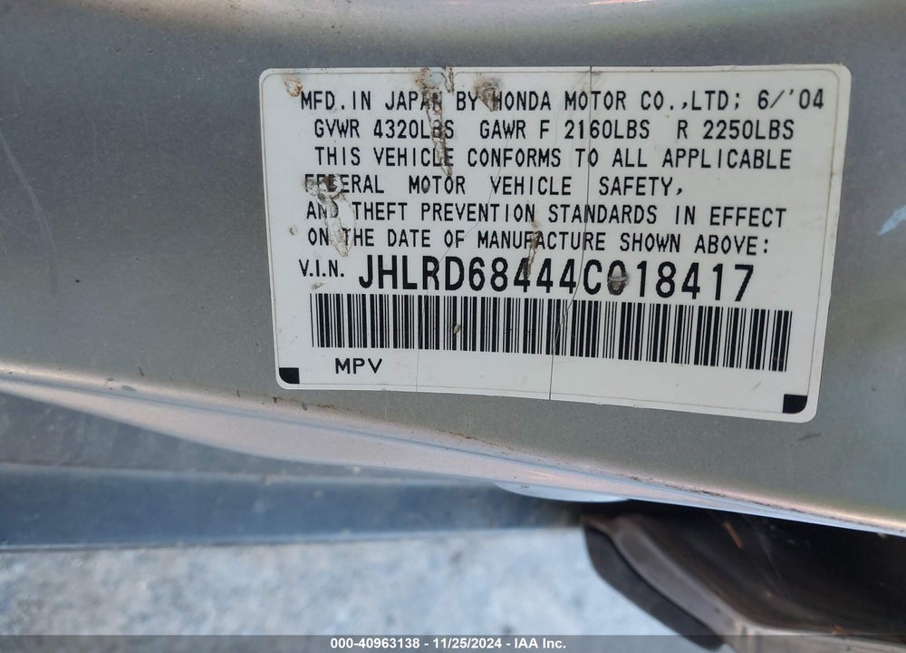 2004 HONDA CR-V LX VIN: JHLRD68444C018417