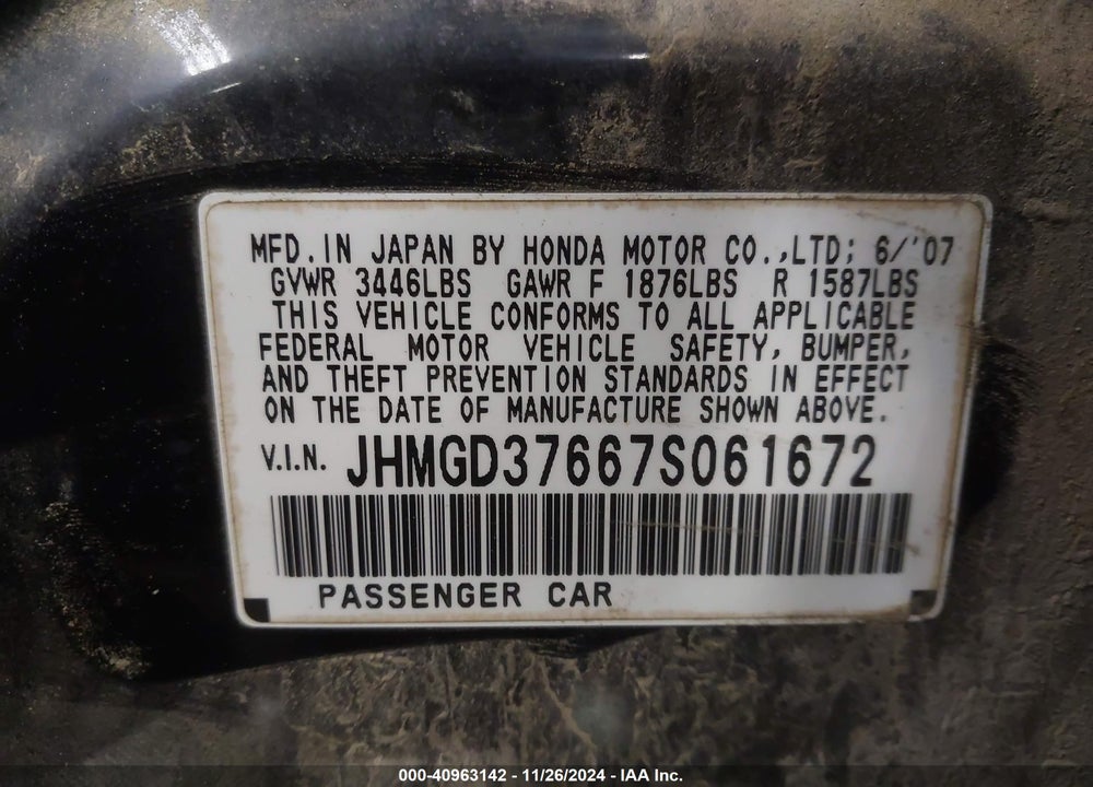 2007 HONDA FIT SPORT VIN: JHMGD37667S061672