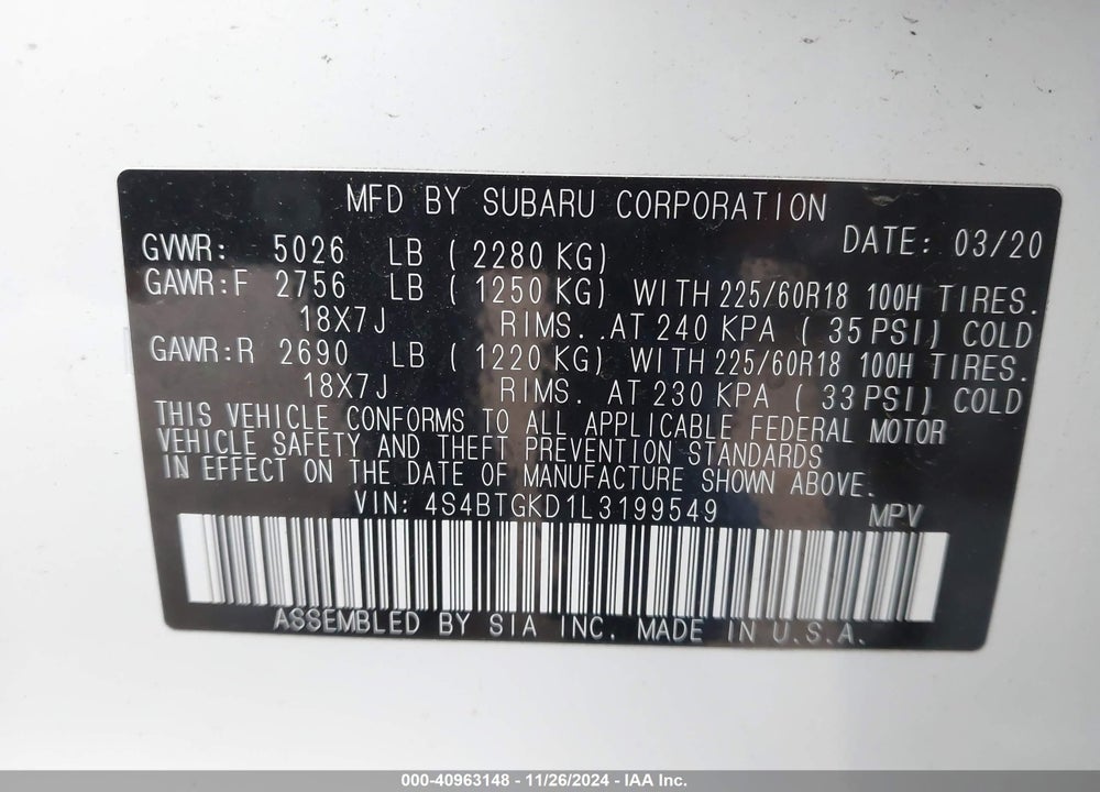 2020 SUBARU OUTBACK ONYX EDITION XT VIN: 4S4BTGKD1L3199549