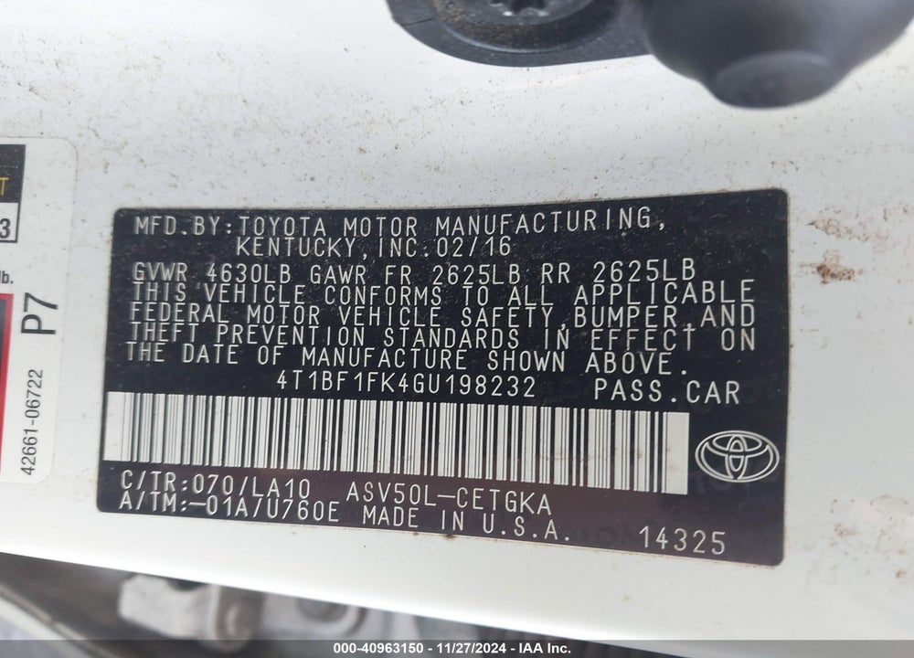 2016 TOYOTA CAMRY XLE VIN: 4T1BF1FK4GU198232