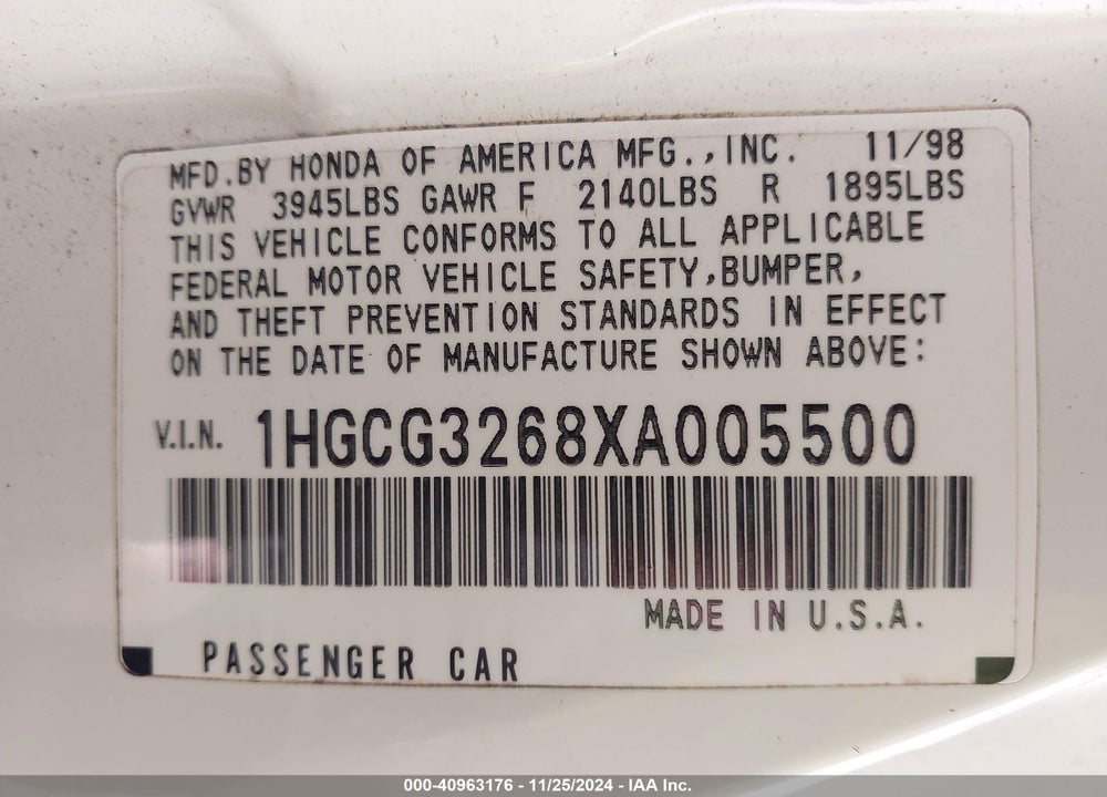 1999 HONDA ACCORD LX VIN: 1HGCG3268XA005500