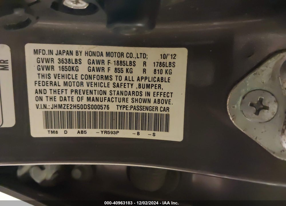 2013 HONDA INSIGHT LX VIN: JHMZE2H50DS000576