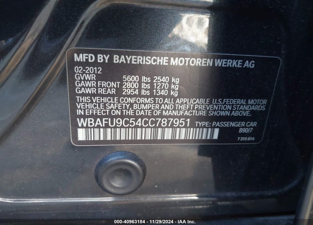 2012 BMW 550I XDRIVE VIN: WBAFU9C54CC787951