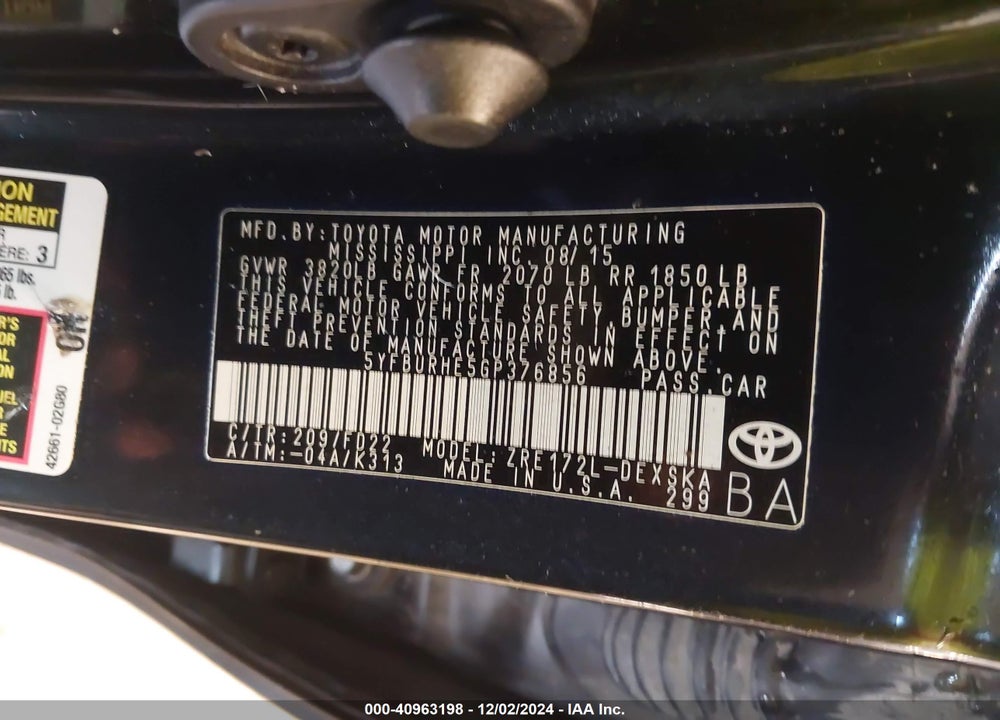 2016 TOYOTA COROLLA S PLUS VIN: 5YFBURHE5GP376856