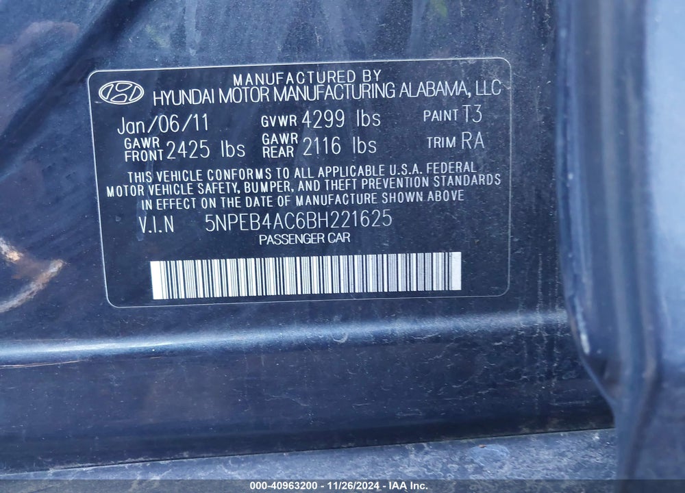 2011 HYUNDAI SONATA GLS VIN: 5NPEB4AC6BH221625