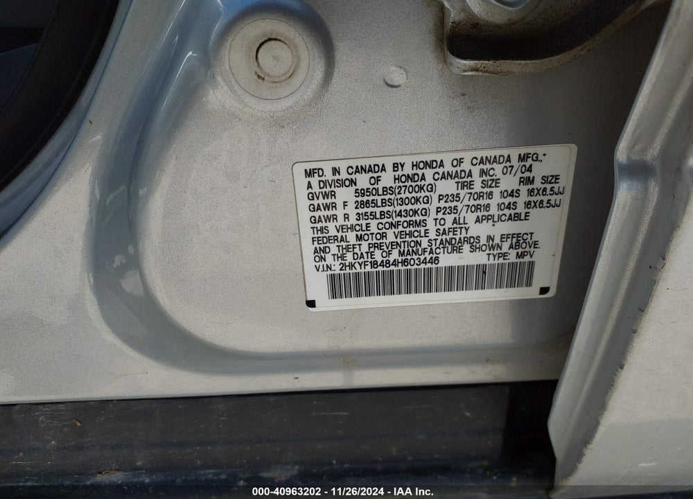 2004 HONDA PILOT EX VIN: 2HKYF18484H603446