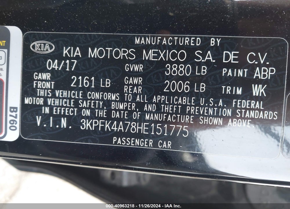 2017 KIA FORTE LX VIN: 3KPFK4A78HE151775