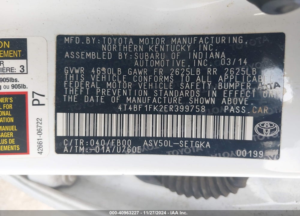 2014 TOYOTA CAMRY XLE VIN: 4T4BF1FK2ER399758