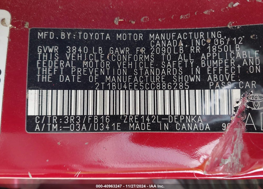 2012 TOYOTA COROLLA LE VIN: 2T1BU4EE5CC886285