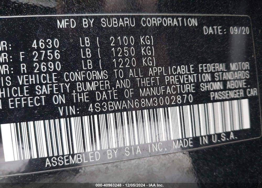 2021 SUBARU LEGACY LIMITED VIN: 4S3BWAN68M3002870