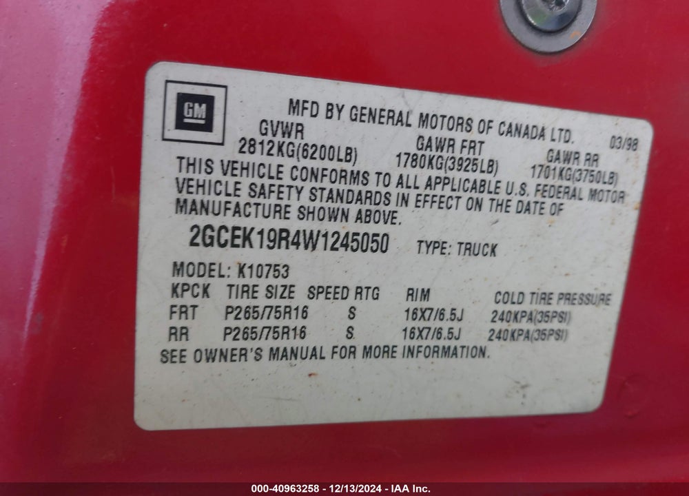 1998 CHEVROLET K1500 FLEETSIDE VIN: 2GCEK19R4W1245050