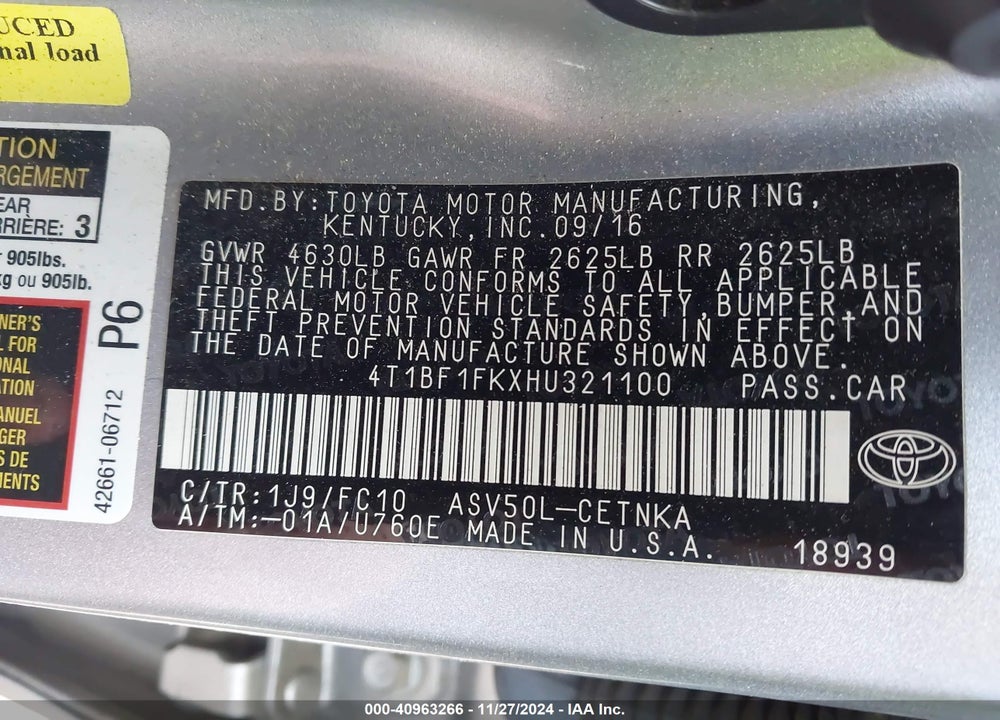 2017 TOYOTA CAMRY LE VIN: 4T1BF1FKXHU321100