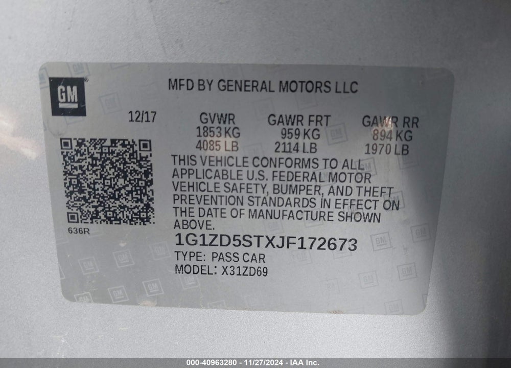 2018 CHEVROLET MALIBU LT VIN: 1G1ZD5STXJF172673