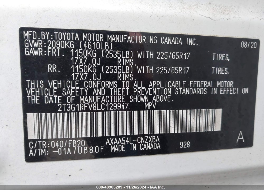 2020 TOYOTA RAV4 LE VIN: 2T3G1RFV8LC129947