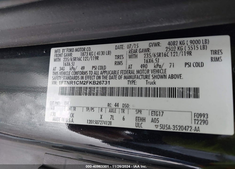 2015 FORD TRANSIT-250 VIN: 1FTNR1CM2FKB26731
