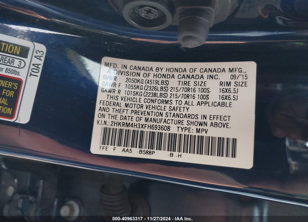 2015 HONDA CR-V LX VIN: 2HKRM4H3XFH693608