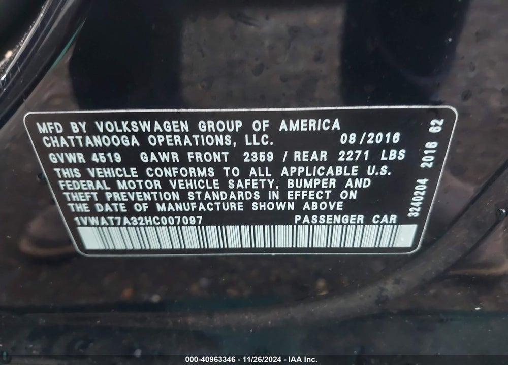 2017 VOLKSWAGEN PASSAT 1.8T S VIN: 1VWAT7A32HC007097