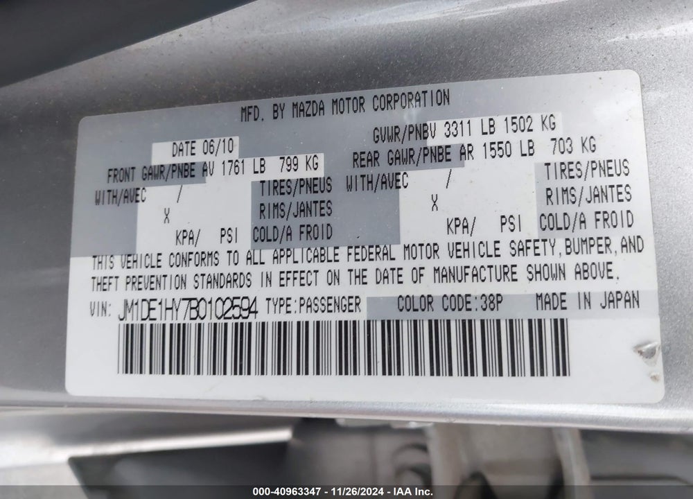 2011 MAZDA 2 TOURING VIN: JM1DE1HY7B0102594