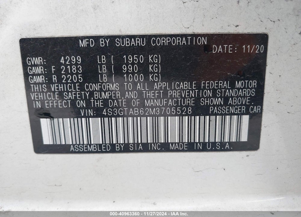 2021 SUBARU IMPREZA 5-DOOR VIN: 4S3GTAB62M3705528