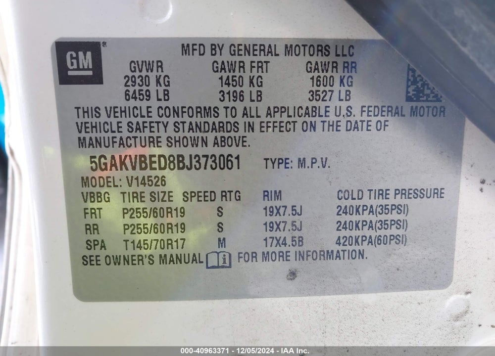 2011 BUICK ENCLAVE 1XL VIN: 5GAKVBED8BJ373061