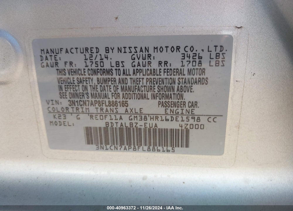 2015 NISSAN VERSA 1.6 SV VIN: 3N1CN7AP8FL886165