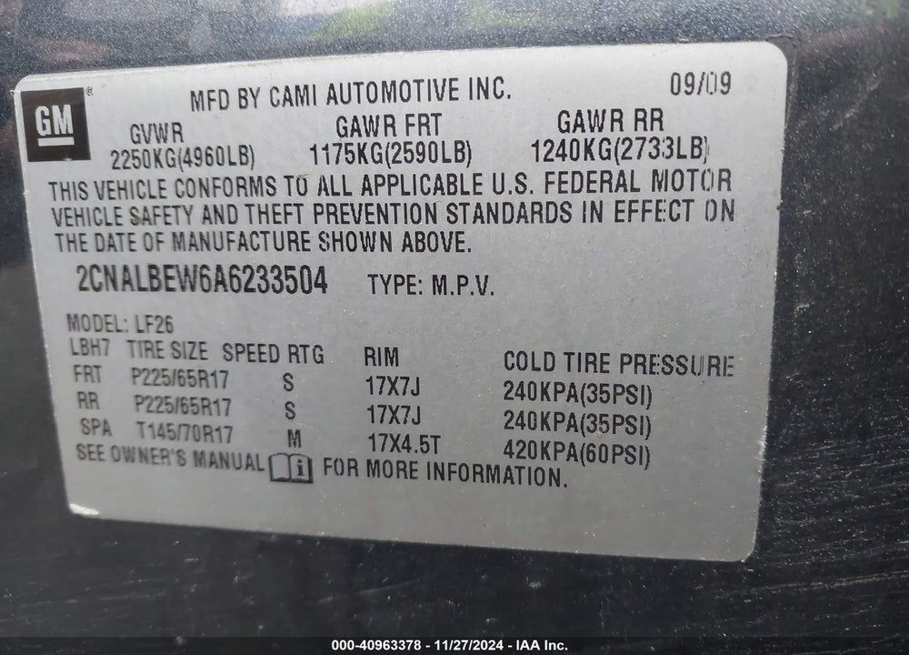 2010 CHEVROLET EQUINOX LS VIN: 2CNALBEW6A6233504