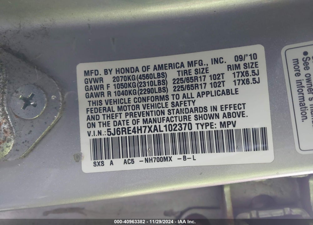 2010 HONDA CR-V EX-L VIN: 5J6RE4H7XAL102370