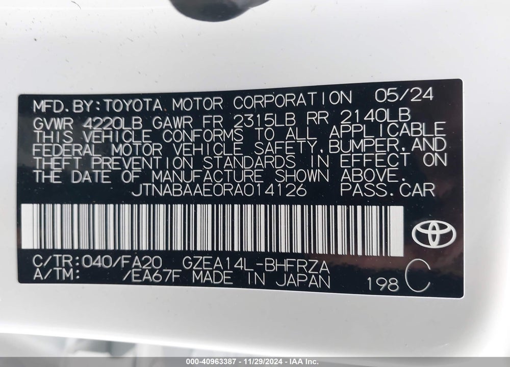 2024 TOYOTA GR COROLLA VIN: JTNABAAE0RA014126