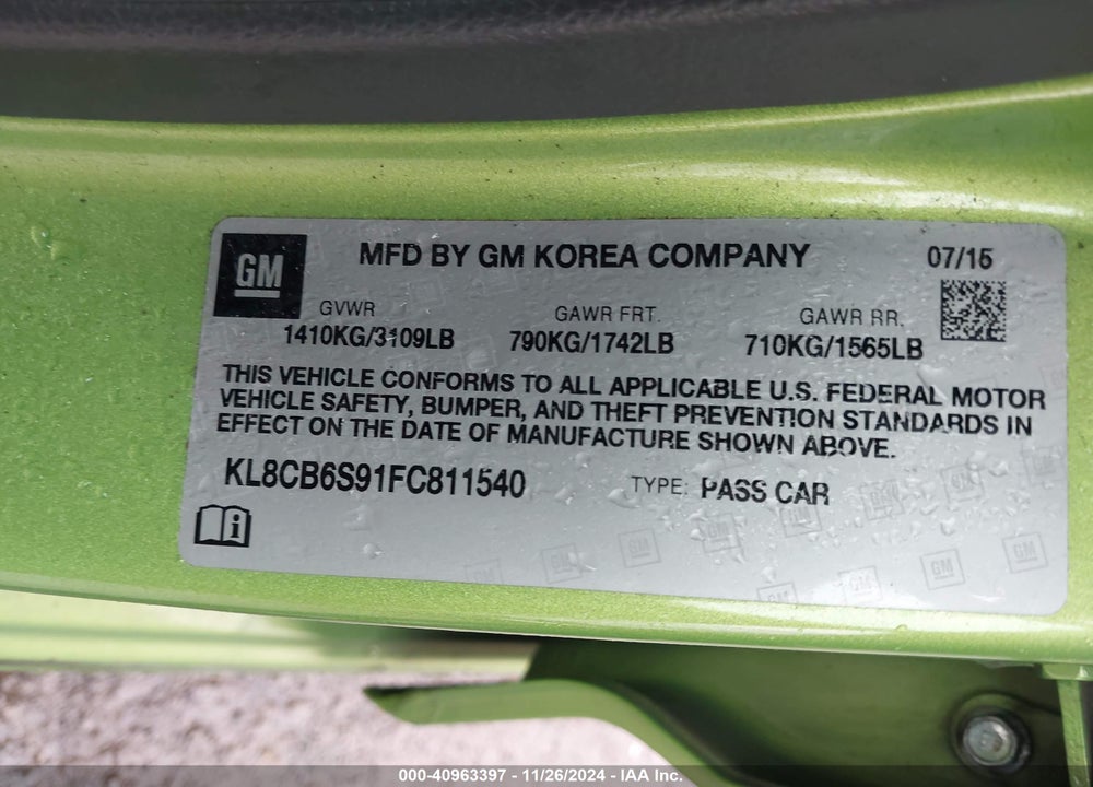 2015 CHEVROLET SPARK LS CVT VIN: KL8CB6S91FC811540
