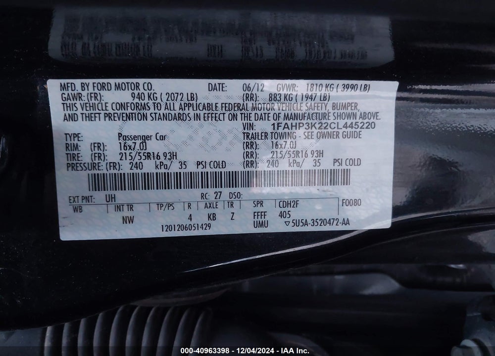 2012 FORD FOCUS SE VIN: 1FAHP3K22CL445220