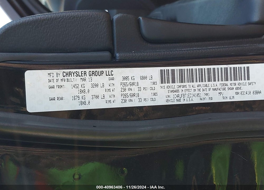 2014 JEEP GRAND CHEROKEE LIMITED VIN: 1C4RJFBT1EC141051