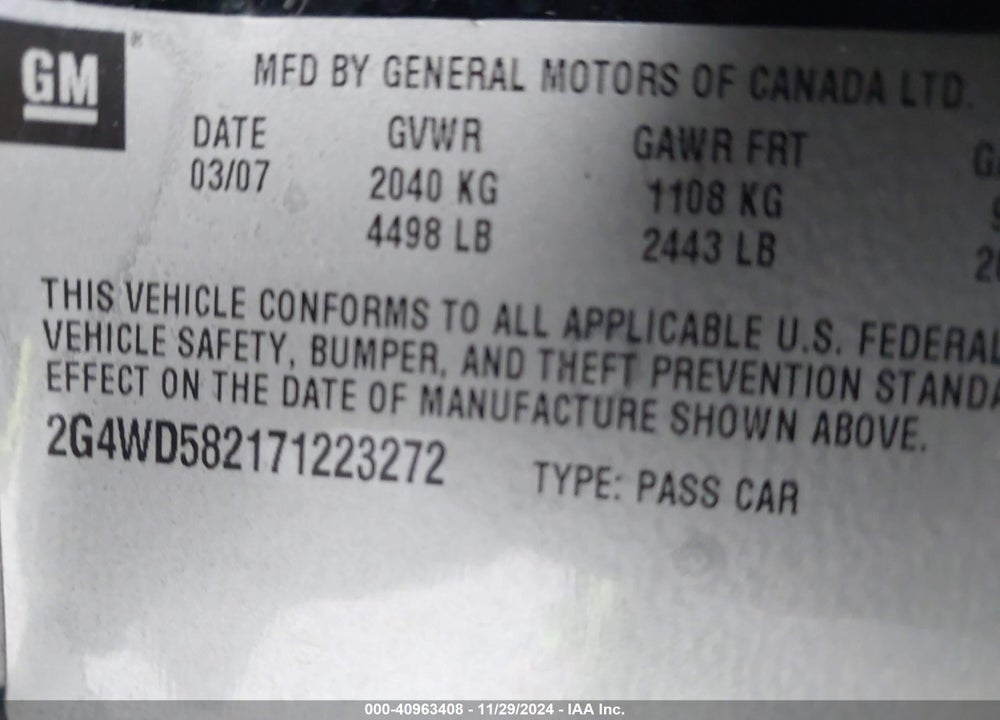 2007 BUICK LACROSSE CXL VIN: 2G4WD582171223272