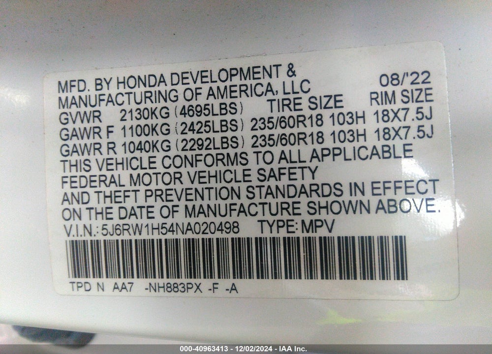 2022 HONDA CR-V 2WD EX VIN: 5J6RW1H54NA020498