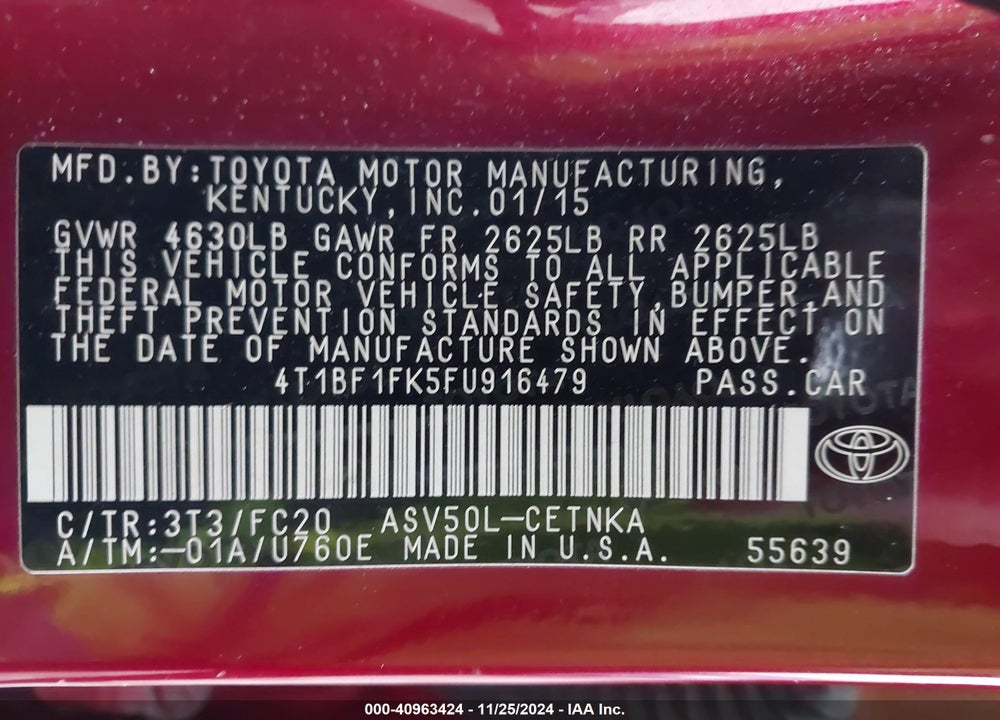 2015 TOYOTA CAMRY LE VIN: 4T1BF1FK5FU916479