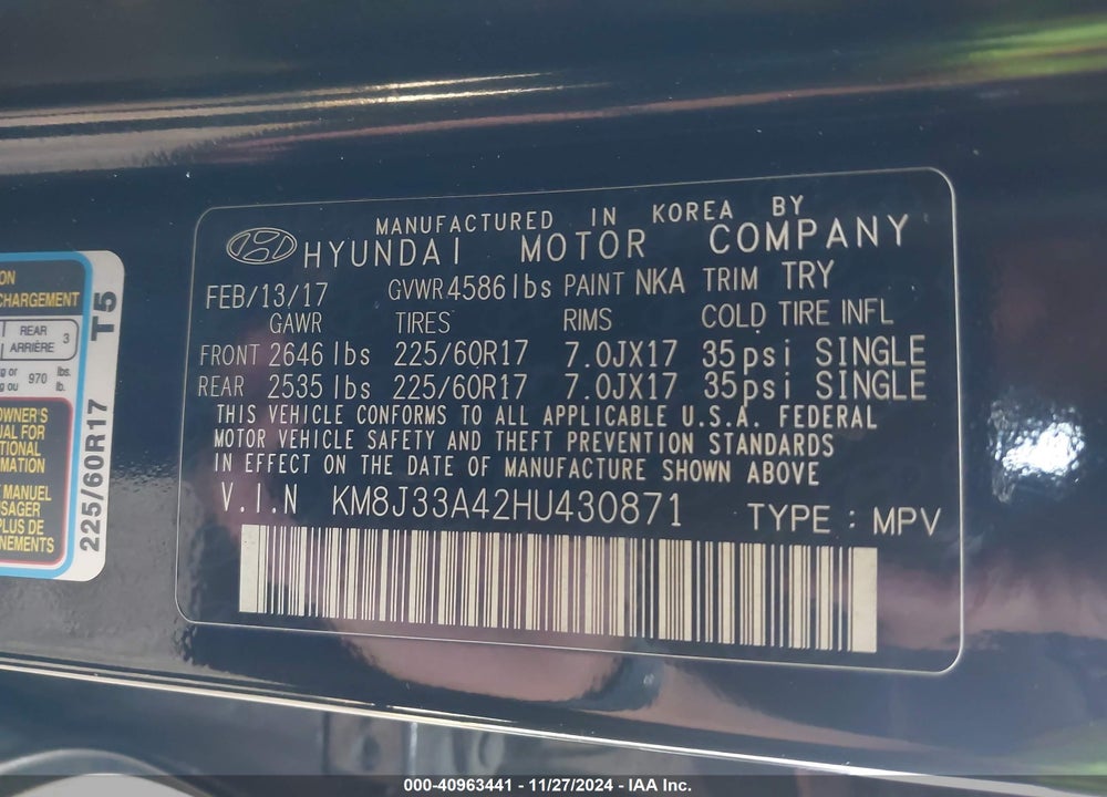 2017 HYUNDAI TUCSON SE VIN: KM8J33A42HU430871
