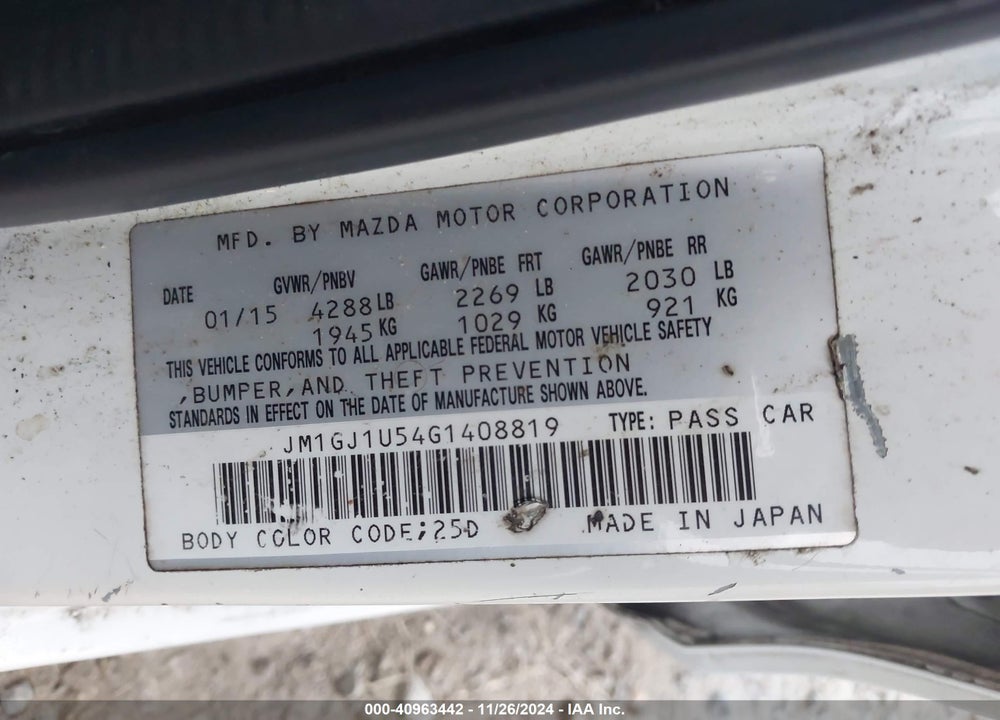 2016 MAZDA 6 I SPORT VIN: JM1GJ1U54G1408819