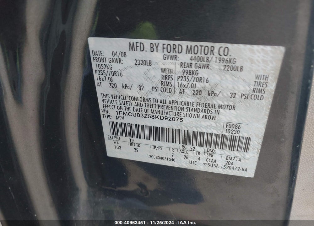 2008 FORD ESCAPE XLT VIN: 1FMCU03Z58KD92075