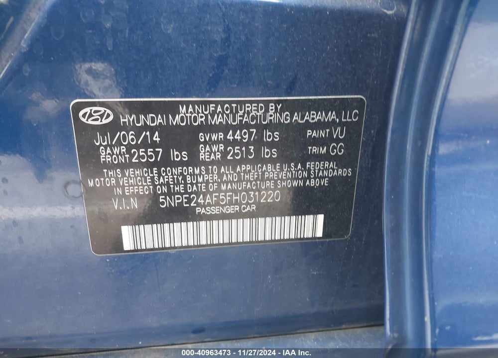 2015 HYUNDAI SONATA SE VIN: 5NPE24AF5FH031220