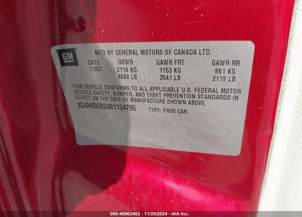 2008 BUICK LACROSSE VIN: 2G4WD582481194786