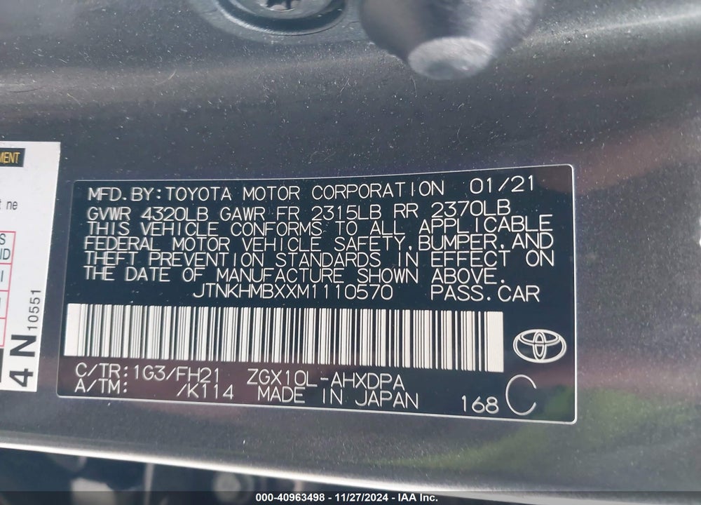 2021 TOYOTA C-HR LE VIN: JTNKHMBXXM1110570