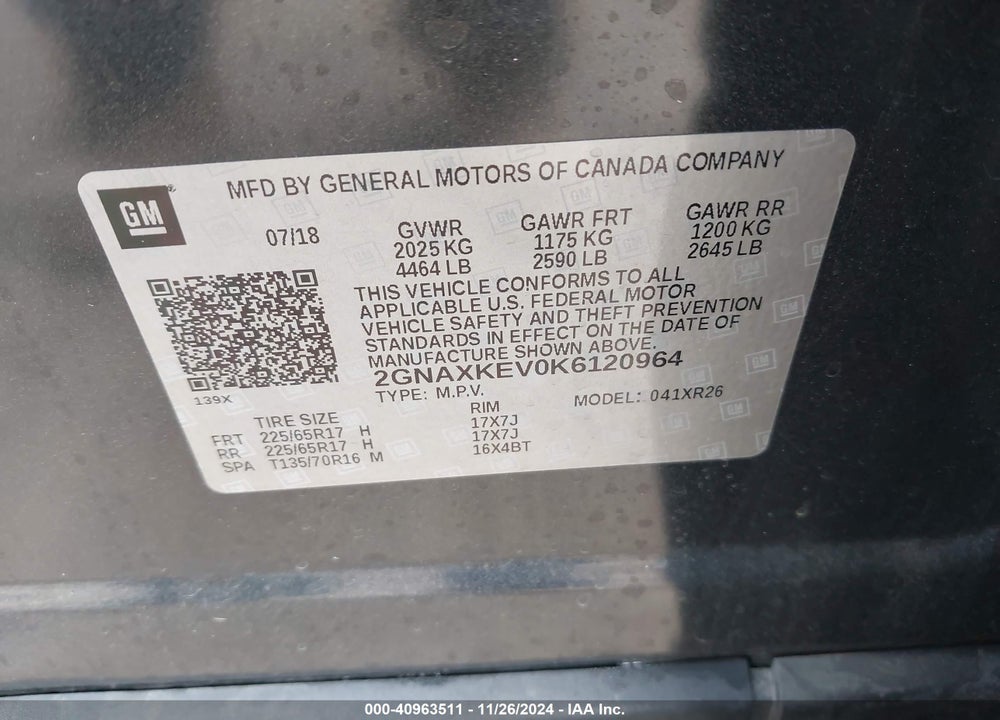 2019 CHEVROLET EQUINOX LT VIN: 2GNAXKEV0K6120964