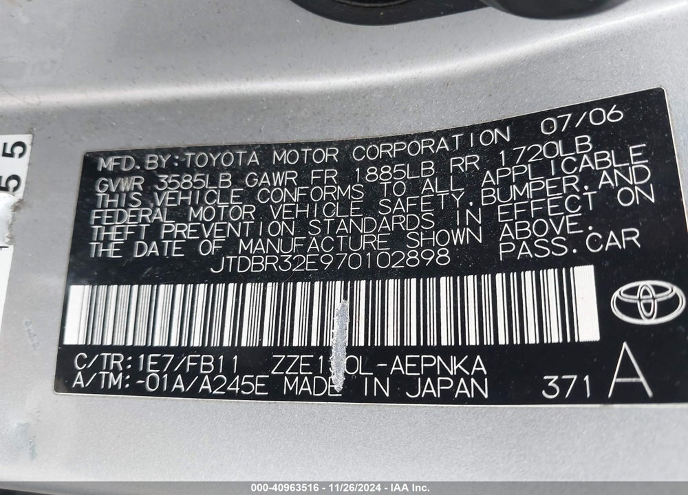 2007 TOYOTA COROLLA LE VIN: JTDBR32E970102898