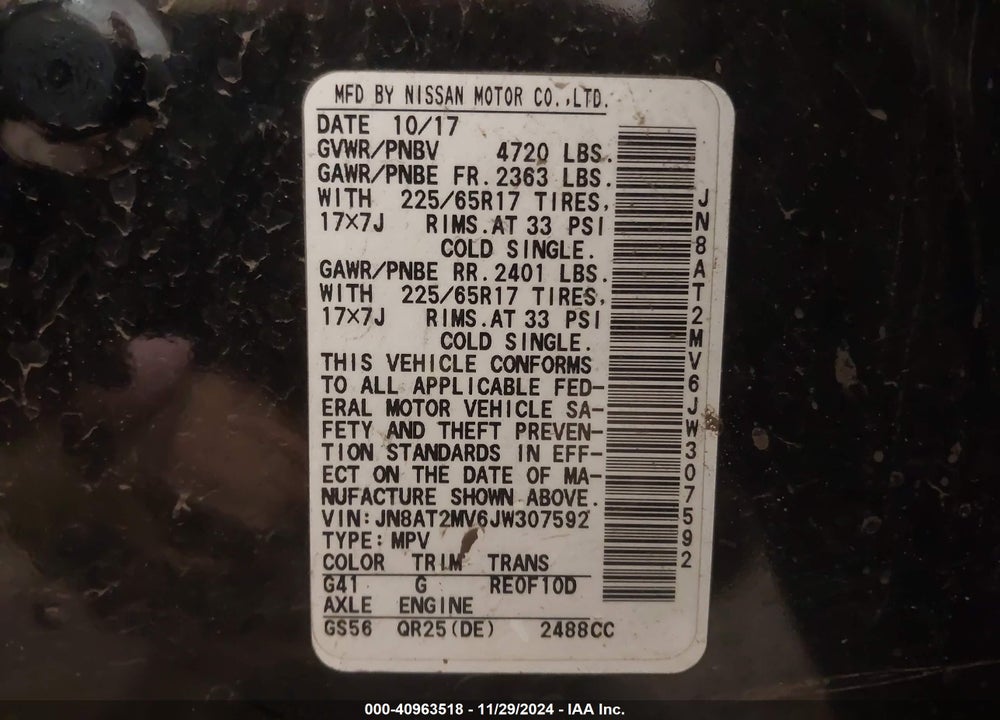 2018 NISSAN ROGUE VIN: JN8AT2MV6JW307592